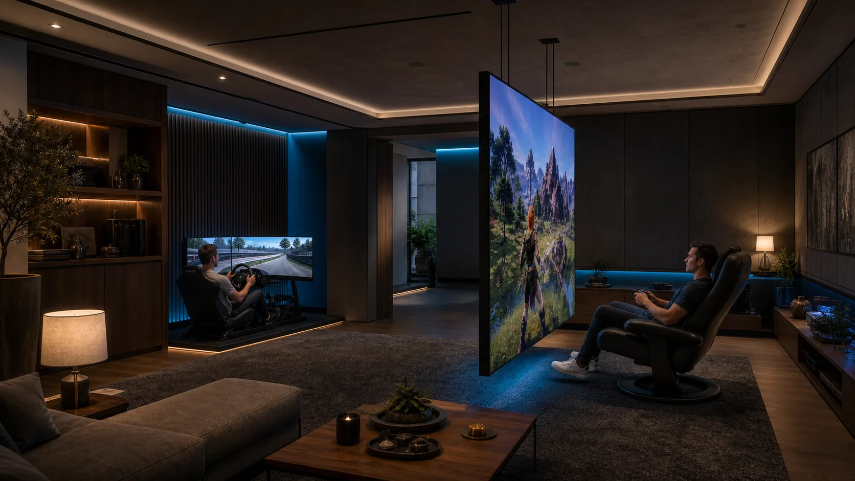 Two-sided suspended gaming wall — concept visualization